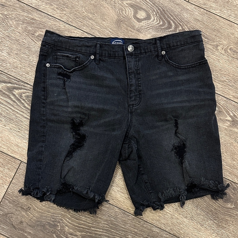 Scoop Black Distressed Denim Jean Shorts High Waist 10” above the knee 8” SZ 14